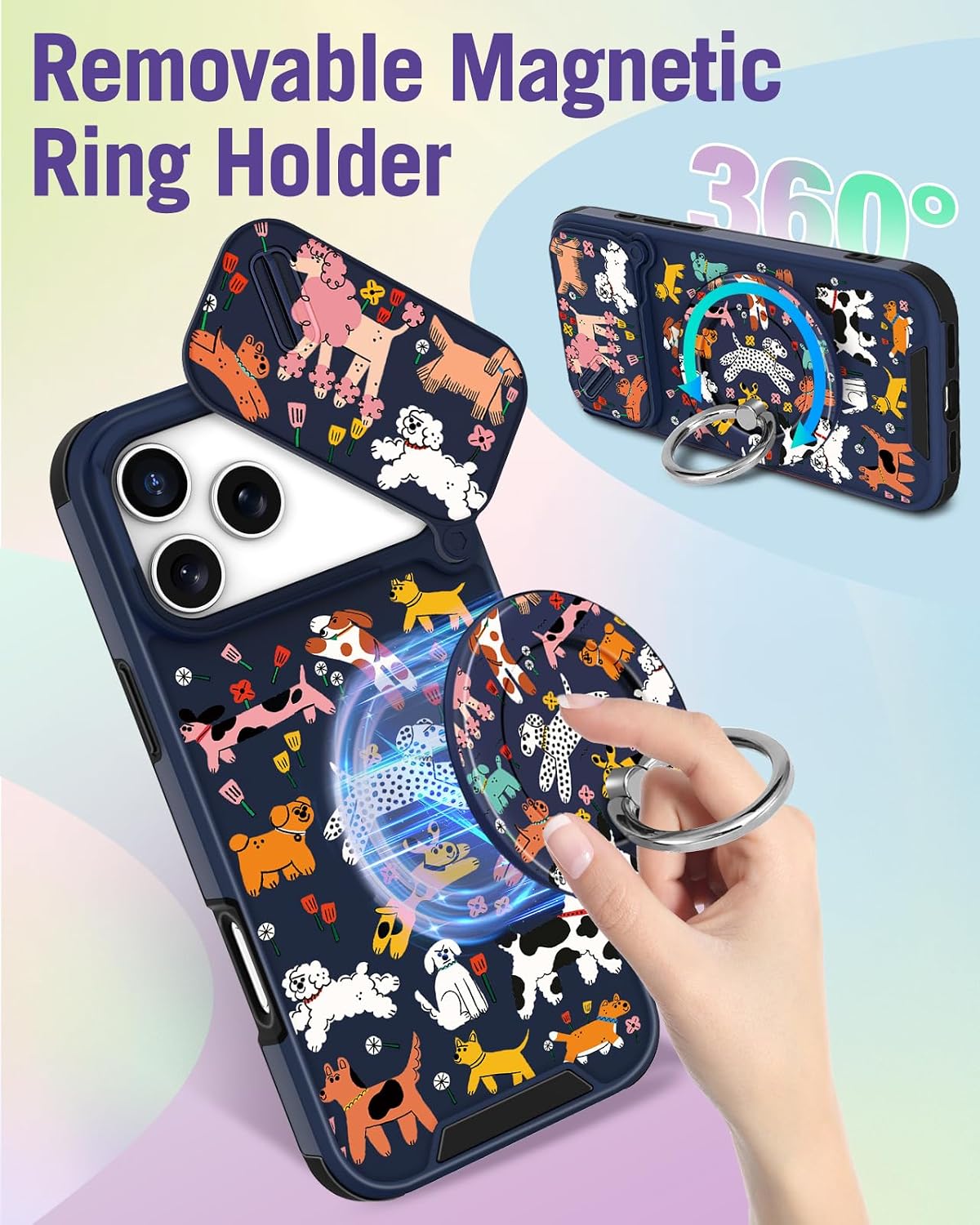 Buleens for iPhone 17 Pro Max Case 6.9 Inch - with Ring Stand & Camera Cover Aesthetic Cute Designed for Women Girls Girly Cartoon Kawaii Dogs Phone Case for iPhone 17 Pro Max Compatible with Magsafe