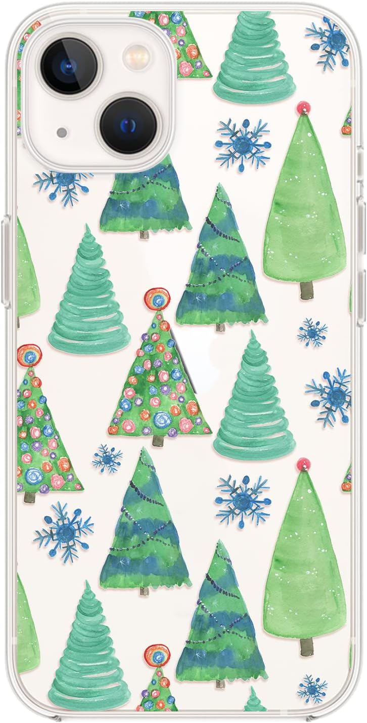 Blingy's for iPhone 13 Case (6.1 inch), Cute Winter Christmas Pattern with Snowflake Design Transparent Soft TPU Protective Clear Case (Christmas Trees)