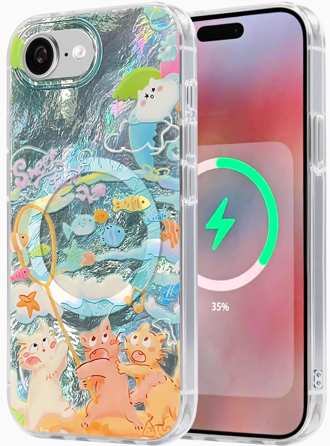 Compatible with iPhone 17 Case,with [Soft Slim][Camera Protection] Cute Fishing Cats Shiny Aesthetic Phone Cover Anti-Yellowing Shockproof Protective Cover for Women Girl