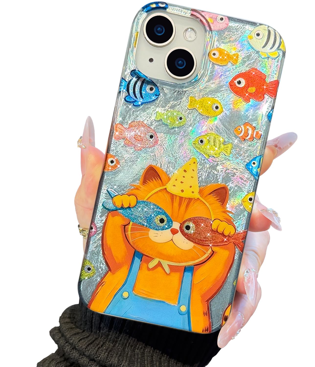 Compatible with iPhone 17 Case,with [Soft Slim][Camera Protection] Cute Fishing Cats Shiny Aesthetic Phone Cover Anti-Yellowing Shockproof Protective Cover for Women Girl