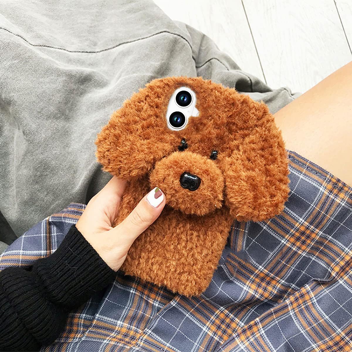 Losin Compatible with iPhone 16 Case Cute Plush Furry Dog Phone Case for Women Girls Girly 3D Cartoon Kawaii Case Soft TPU Shockproof Protective Cover for iPhone 16, Brown