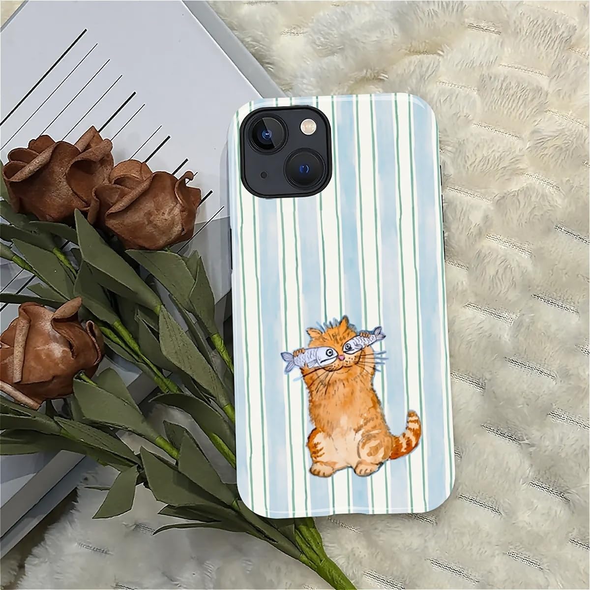 for iPhone 15 Case,Hybrid 2-Layer Hard Shell + Silicone Protective Case -Resistant Shockproof- A Naughty Cat with Blue Stripes Eating Fish