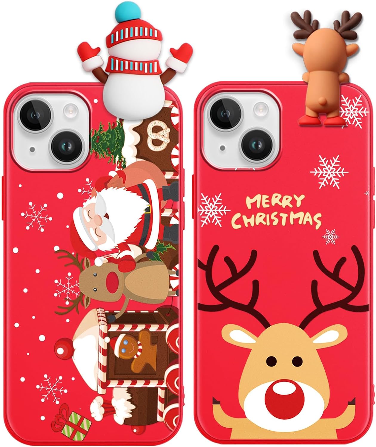 2 Pack Cute Christmas Case for iPhone 13/14",Red 3D Doll Snowman Elk Merry Christmas Pattern Soft Silicone TPU Pretty Flexible Protective Funda for Kid Girls Women