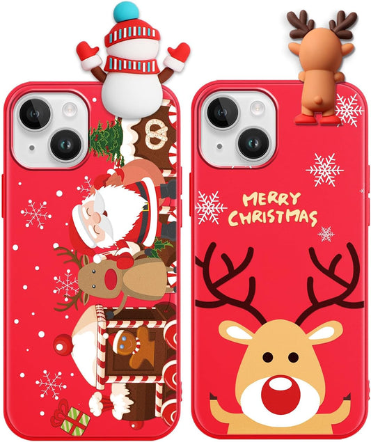 2 Pack Cute Christmas Case for iPhone 13/14",Red 3D Doll Snowman Elk Merry Christmas Pattern Soft Silicone TPU Pretty Flexible Protective Funda for Kid Girls Women