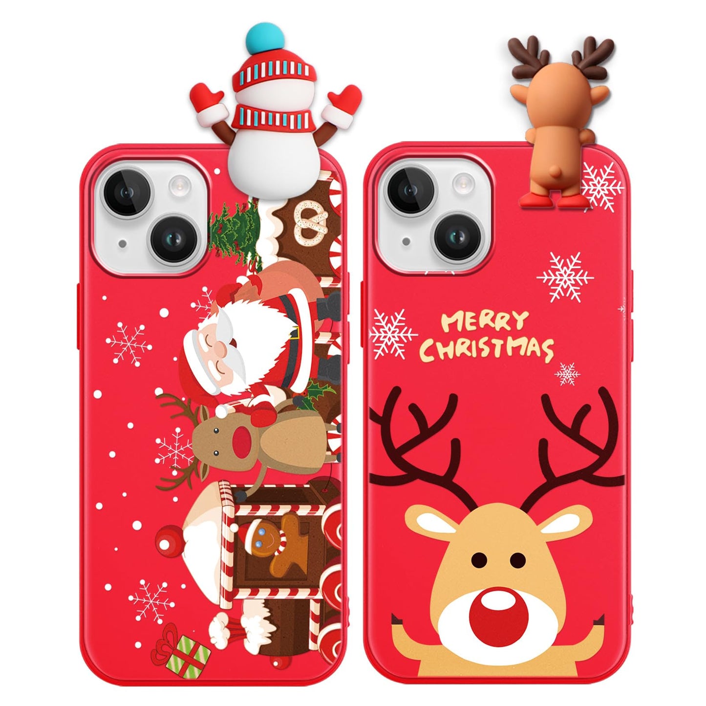 2 Pack Cute Christmas Case for iPhone 13/14",Red 3D Doll Snowman Elk Merry Christmas Pattern Soft Silicone TPU Pretty Flexible Protective Funda for Kid Girls Women