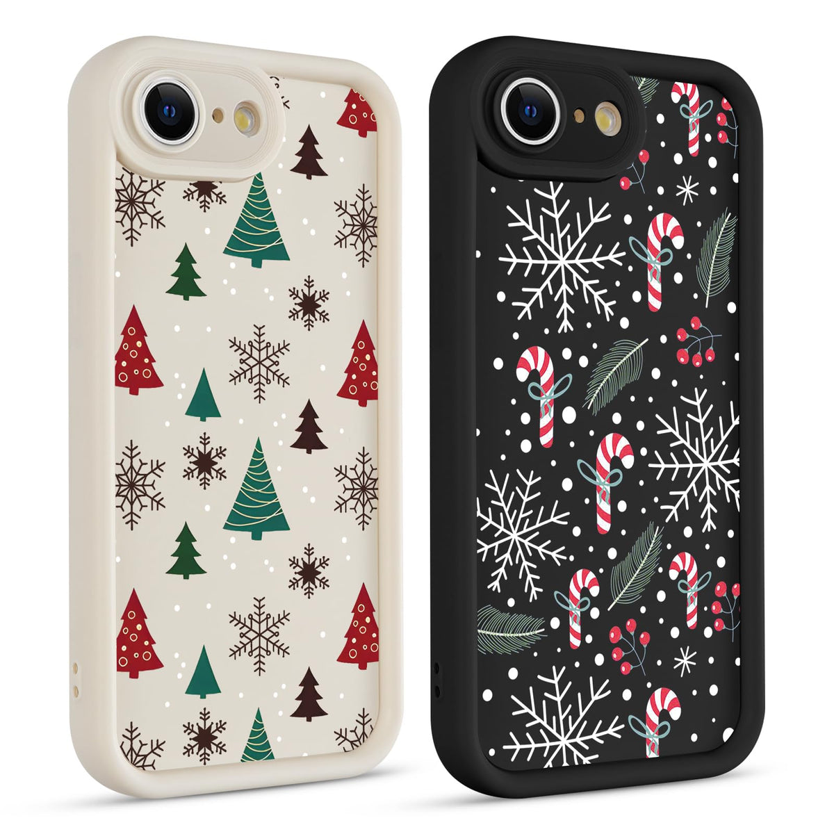 2 Pack Christmas Phone Case for iPhone 12 6.1", Cute Cover with Red Xmas Tree Candy Snowflake Pattern Full Camera Lens Shockproof Soft Silicone Cover for Girl Women