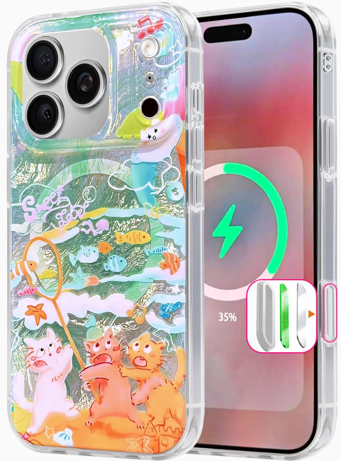 Compatible with iPhone 17 Case,with [Soft Slim][Camera Protection] Cute Fishing Cats Shiny Aesthetic Phone Cover Anti-Yellowing Shockproof Protective Cover for Women Girl