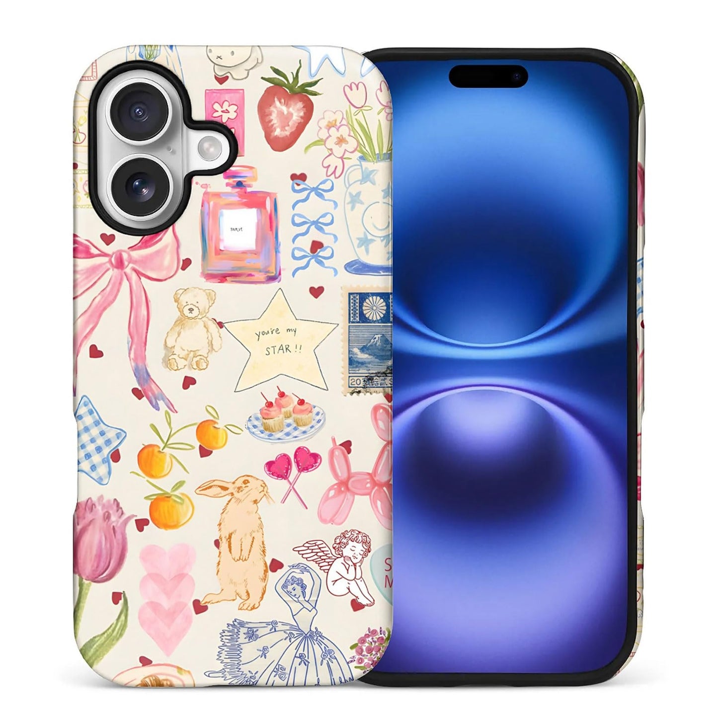 for iPhone 15 Pro Case,Hybrid 2-Layer Hard Shell + Silicone Protective Case -Resistant Shockproof- A Naughty Cat with Blue Stripes Eating Fish