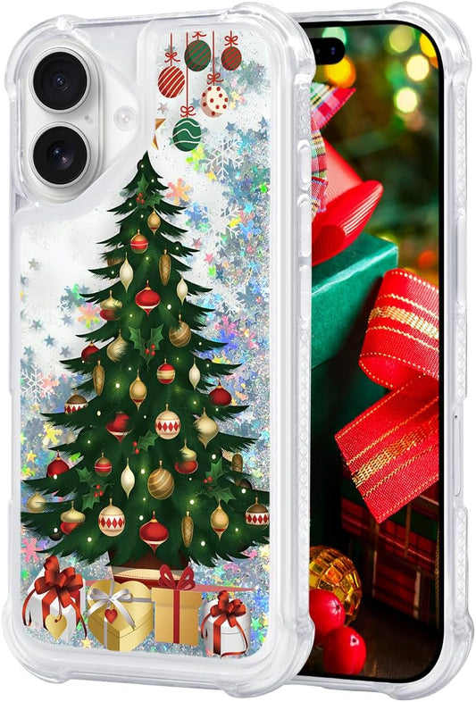 Glitter Christmas Case Compatible with iPhone 17 Bling Sparkle Floating Liquid Luxury Fashion Girly Women Cute Holiday Case for iPhone 17 (Christmas Tree)