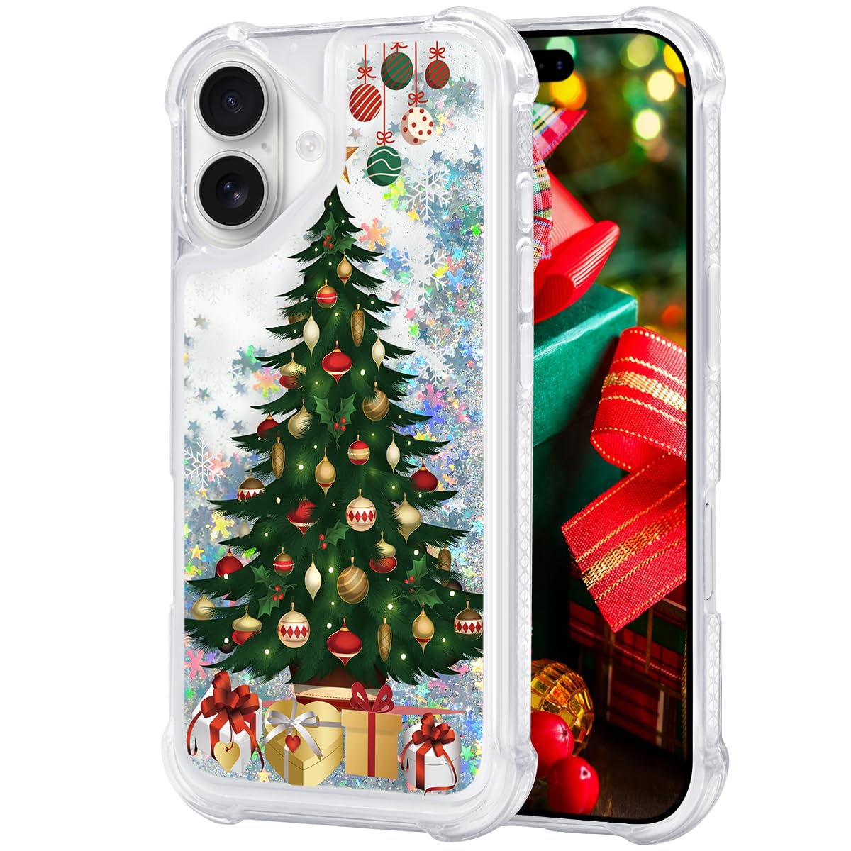 Glitter Christmas Case Compatible with iPhone 17 Bling Sparkle Floating Liquid Luxury Fashion Girly Women Cute Holiday Case for iPhone 17 (Christmas Tree)