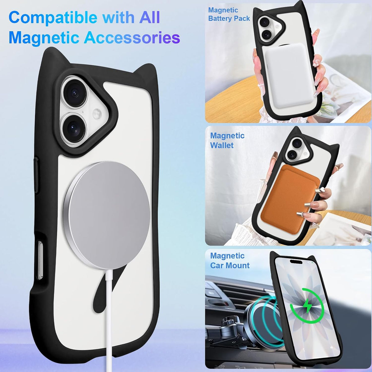AIGOMARA Cute Kitty Case for iPhone 17 with 3D Cat Ears, Black | Kawaii Magnetic Tail Design [Compatible with MagSafe] Clear Aesthetic Drop Proof Protective Phone Cover for Women Girls