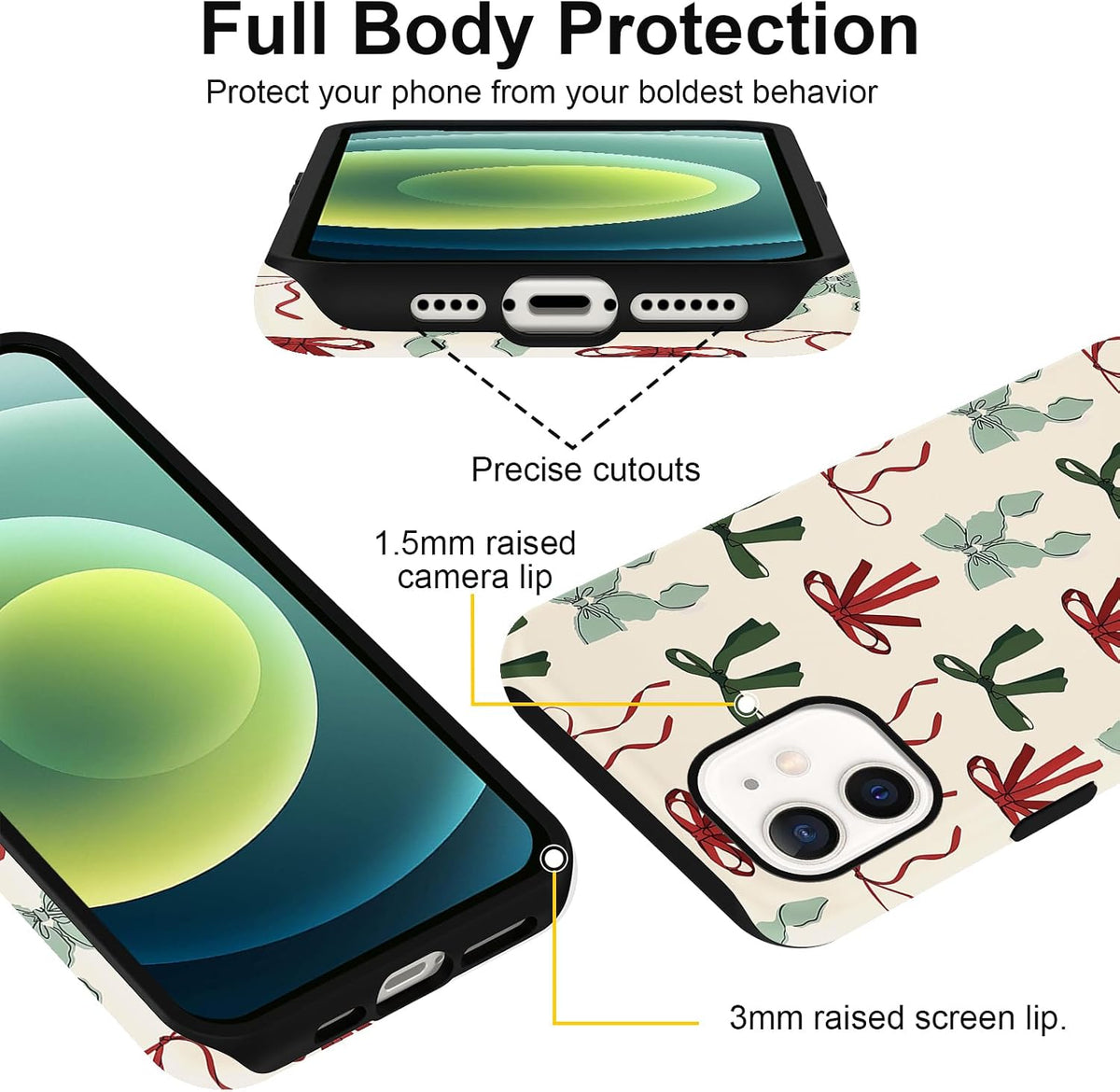 Cute Christmas Bow Phone Case for iPhone 12/12 Pro Case 6.1", Red Green Aesthetic Coquette Preppy Ribbon Bowknot Pattern Design Cover Shockproof Soft TPU Hard PC Protection Girls Women Funda