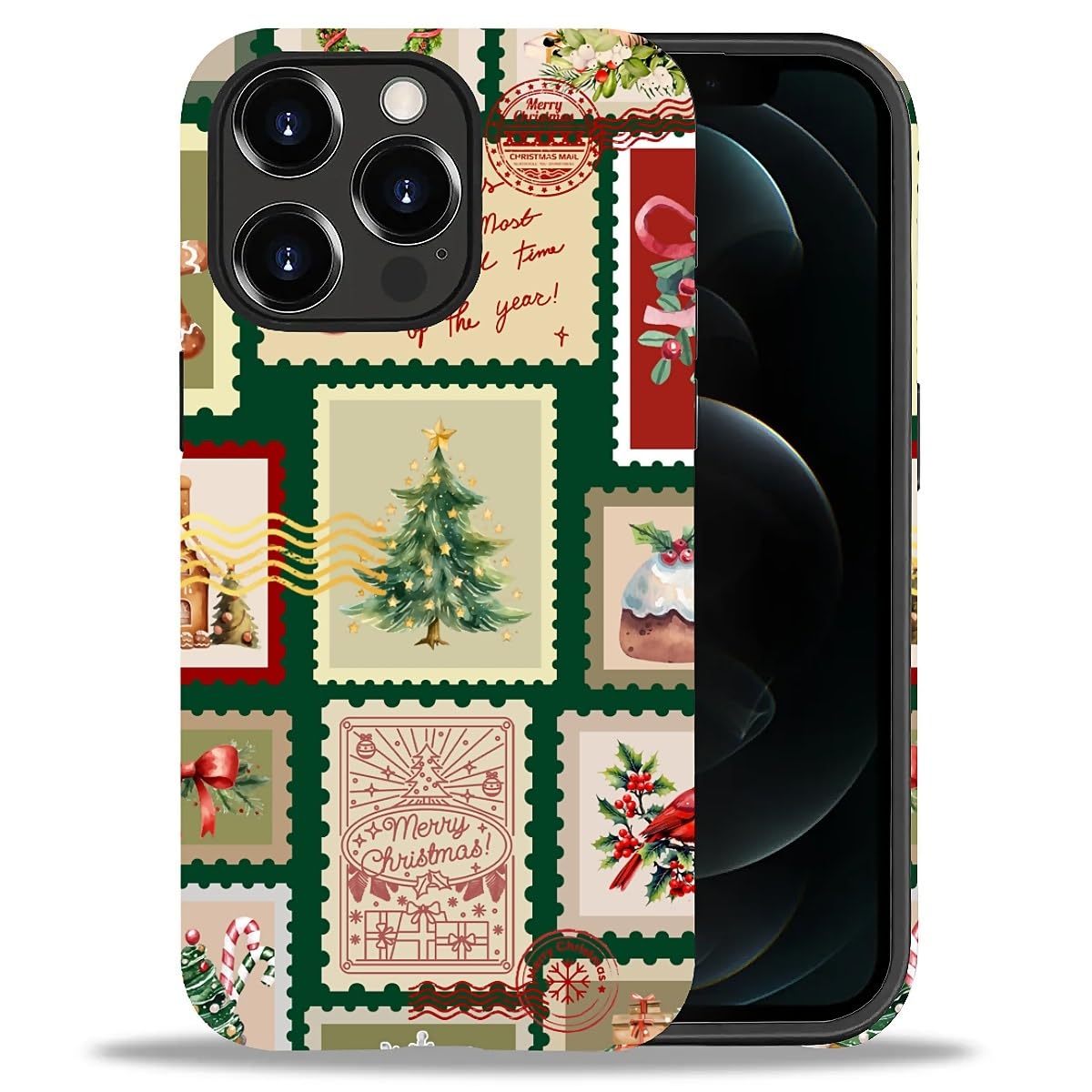 Case for iPhone 17,Drop Protection Hybrid 2-Layer Hard Phone Cover-Vintage Christmas Stamps Collage