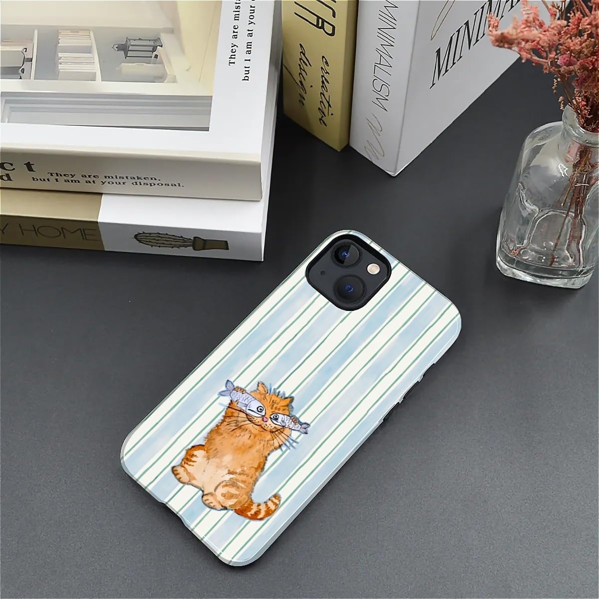 for iPhone 13/14 Case,Hybrid 2-Layer Hard Shell + Silicone Protective Case -Resistant Shockproof- A Naughty Cat with Blue Stripes Eating Fish