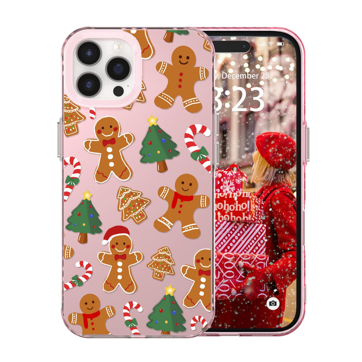 for iPhone 16 Plus Christmas Case Cute - Gingerbread Man/Pink | Gingerbread Man Tree Girly Women Girls Kids Snowflakes Candy Winter Holiday Festival Gifts Trendy Glossy Protective Cover