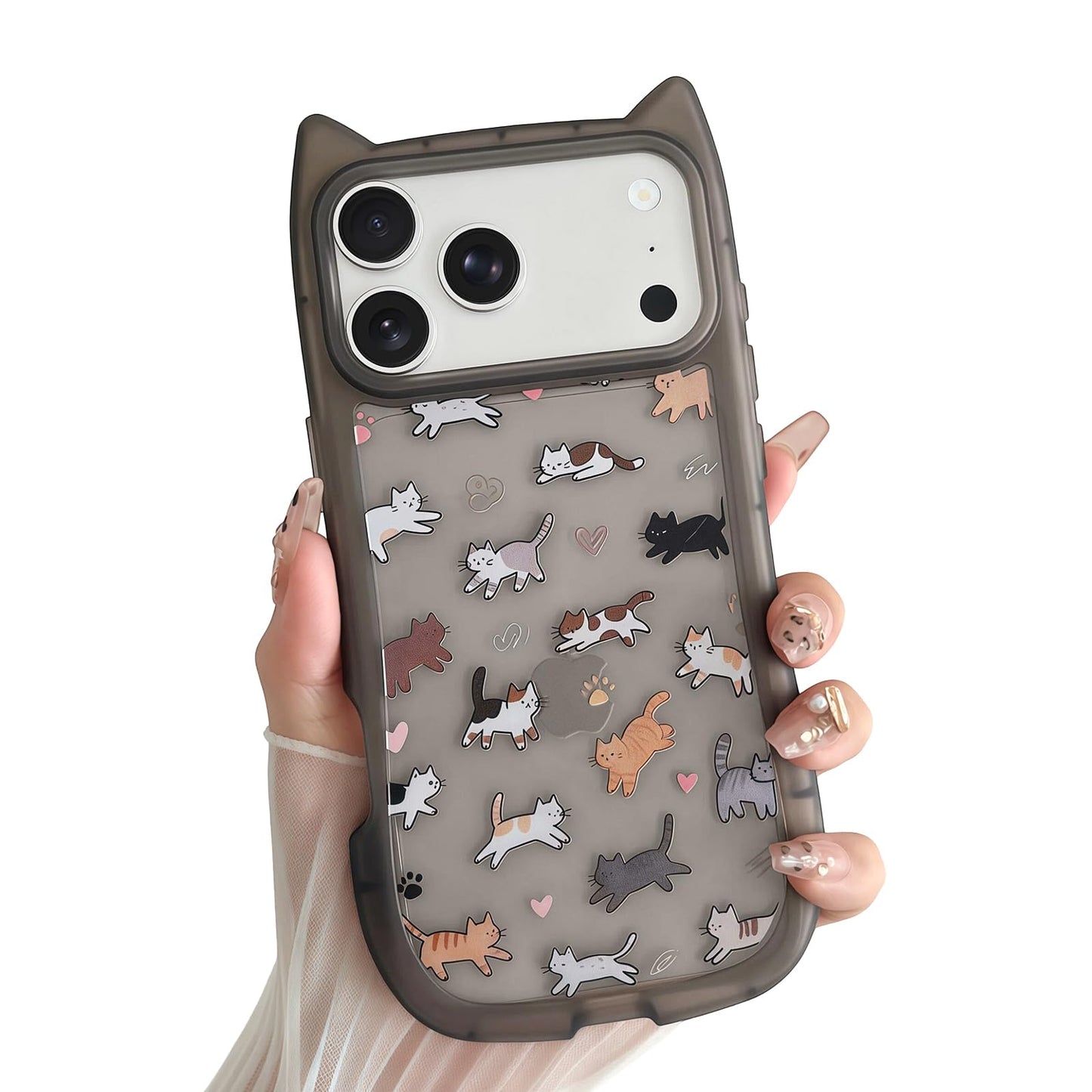 for iPhone 13 Phone Case, Cute 3D Cat Ears and Vintage Hand-Drawn Multi-Cats Heart Cartoon Pattern, with Cat Paw Buttons, Trendy Shockproof Soft Protective Phone Cover, Cat Ears