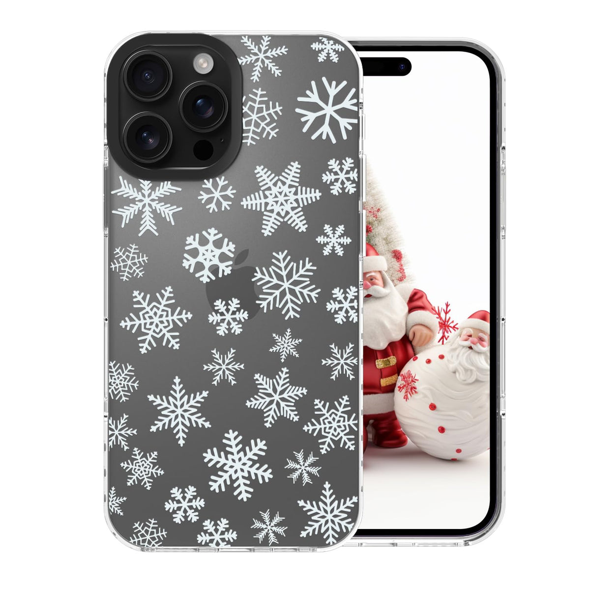 Christmas Phone Case Compatible for iPhone 16 Snowflake Case Clear TPU + Black Camera Frame Protection Winter Phone Cover for Women