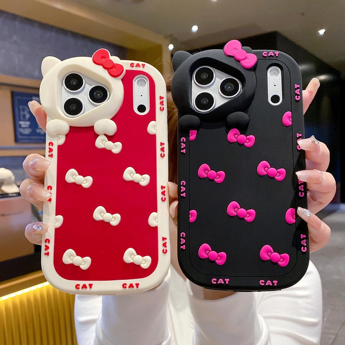 Cute Case for iPhone 17 Pro Max 6.9'', Black Kawaii Funny 3D Bow Cartoon Silicone Cat Phone case, Soft Shockproof Classic Protective Cover for Women Girls, and Kids