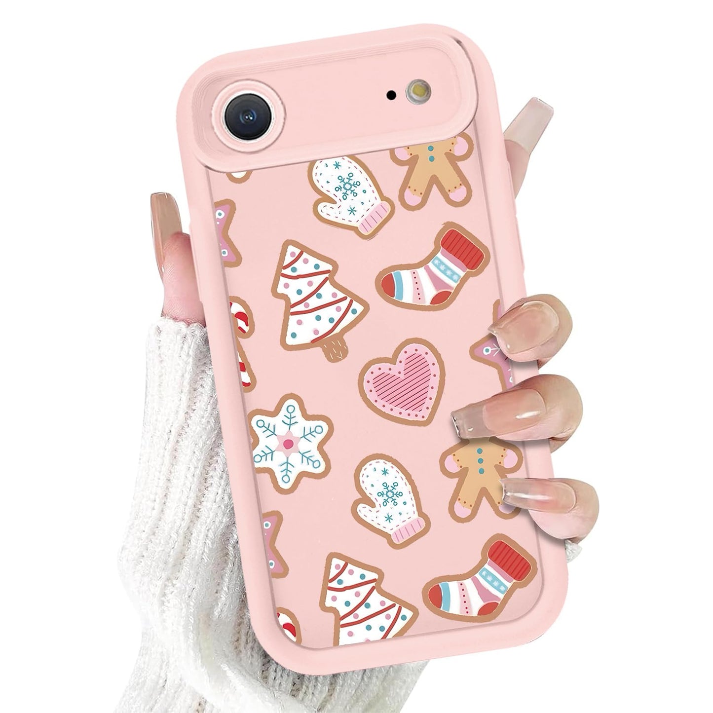 Christmas Phone Case for iPhone 14 6.1", Cute Christmas Tree Gingerbread Man Snowflake Pattern Gifts Case, Pink Aesthetic Protective Shockproof Silicone Cover for Women Girls Men -Pink Snowflakes