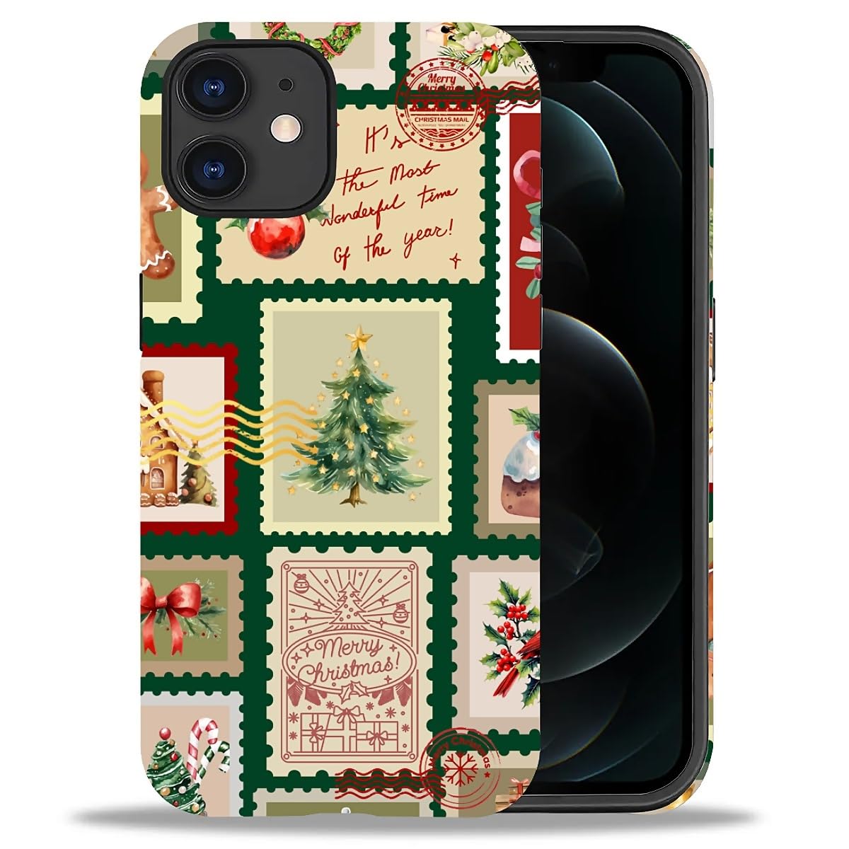 Case for iPhone 17,Drop Protection Hybrid 2-Layer Hard Phone Cover-Vintage Christmas Stamps Collage