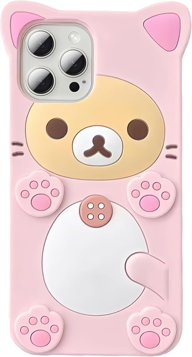 IAIYOXI 3D Cute Cartoon Bear Phone Case for iPhone 14 - Fashionable and Stylish - Funny Pink Bear Design - Soft TPU Protective Case - Kawaii Silicone Cover for Women, Girls, and Kids