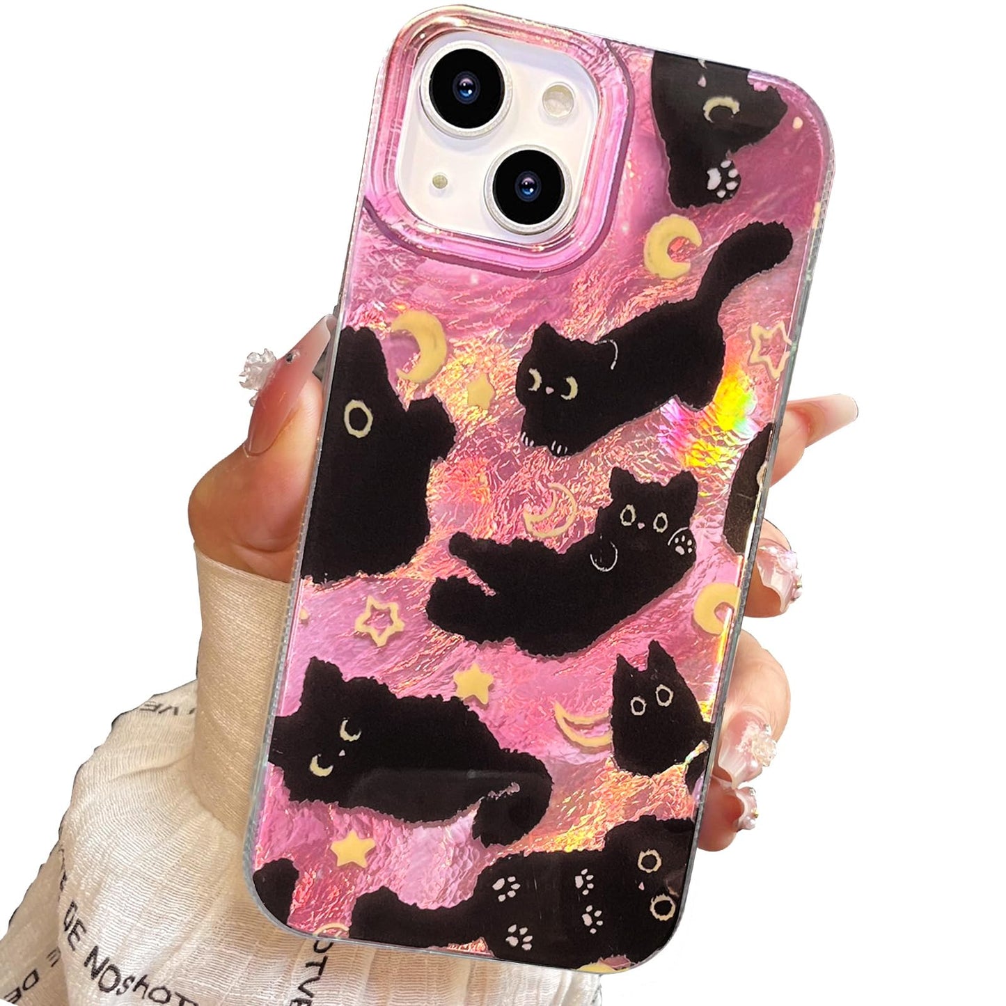 Compact Case for iPhone 15 Black cat Design,Cute Trendy Soft Slim TPU Shockproof Protective Bumper Phone Cases Cover for Women Girls Aesthetic Glitter Shiny Adorable