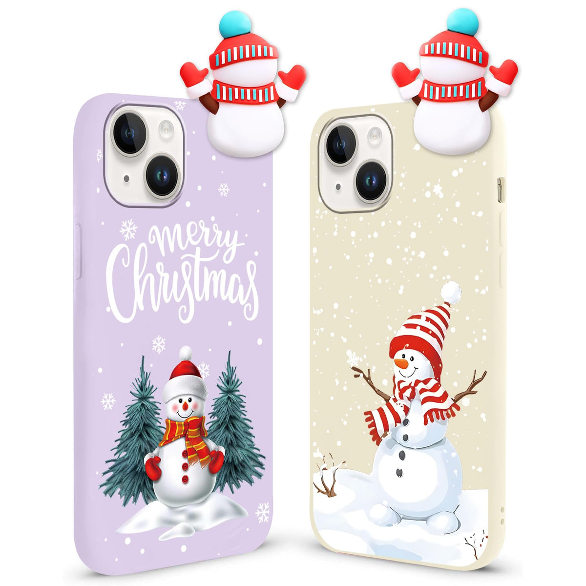 2 Pack Cute Christmas Case for iPhone 13/14",Red 3D Doll Snowman Elk Merry Christmas Pattern Soft Silicone TPU Pretty Flexible Protective Funda for Kid Girls Women