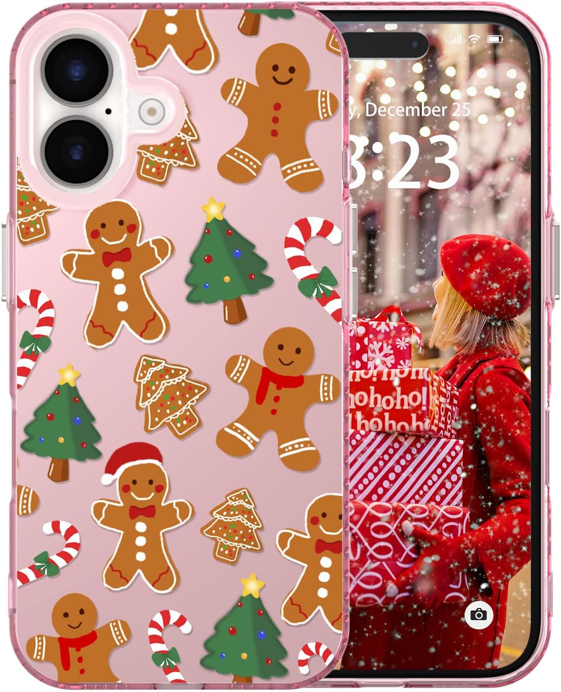 for iPhone 16 Plus Christmas Case Cute - Gingerbread Man/Pink | Gingerbread Man Tree Girly Women Girls Kids Snowflakes Candy Winter Holiday Festival Gifts Trendy Glossy Protective Cover