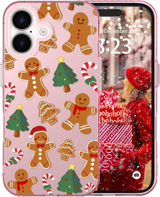 for iPhone 16 Plus Christmas Case Cute - Gingerbread Man/Pink | Gingerbread Man Tree Girly Women Girls Kids Snowflakes Candy Winter Holiday Festival Gifts Trendy Glossy Protective Cover