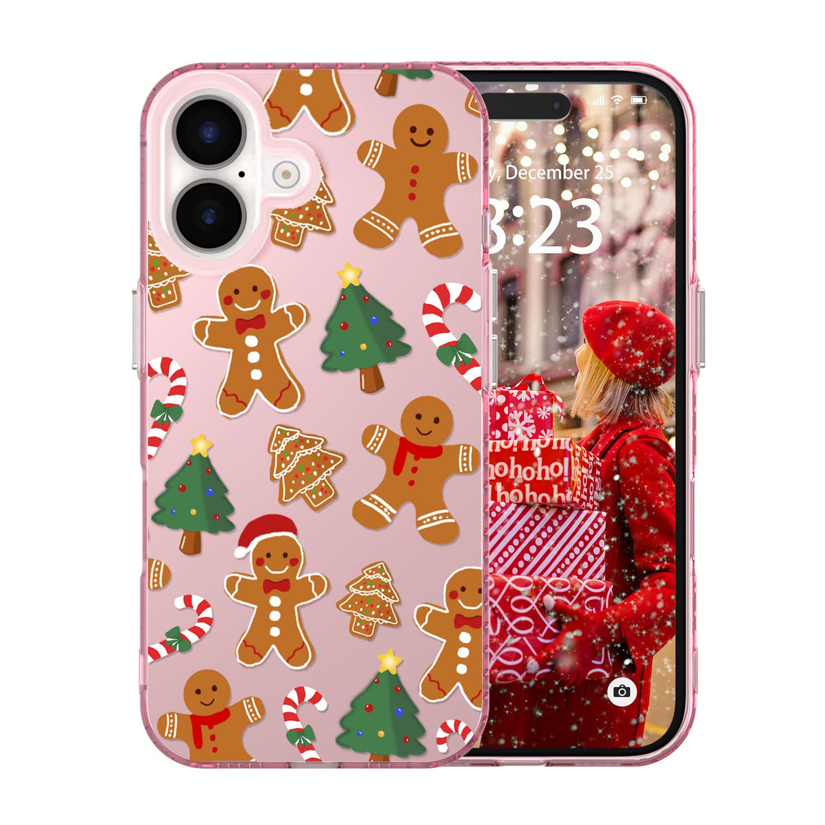 for iPhone 16 Plus Christmas Case Cute - Gingerbread Man/Pink | Gingerbread Man Tree Girly Women Girls Kids Snowflakes Candy Winter Holiday Festival Gifts Trendy Glossy Protective Cover