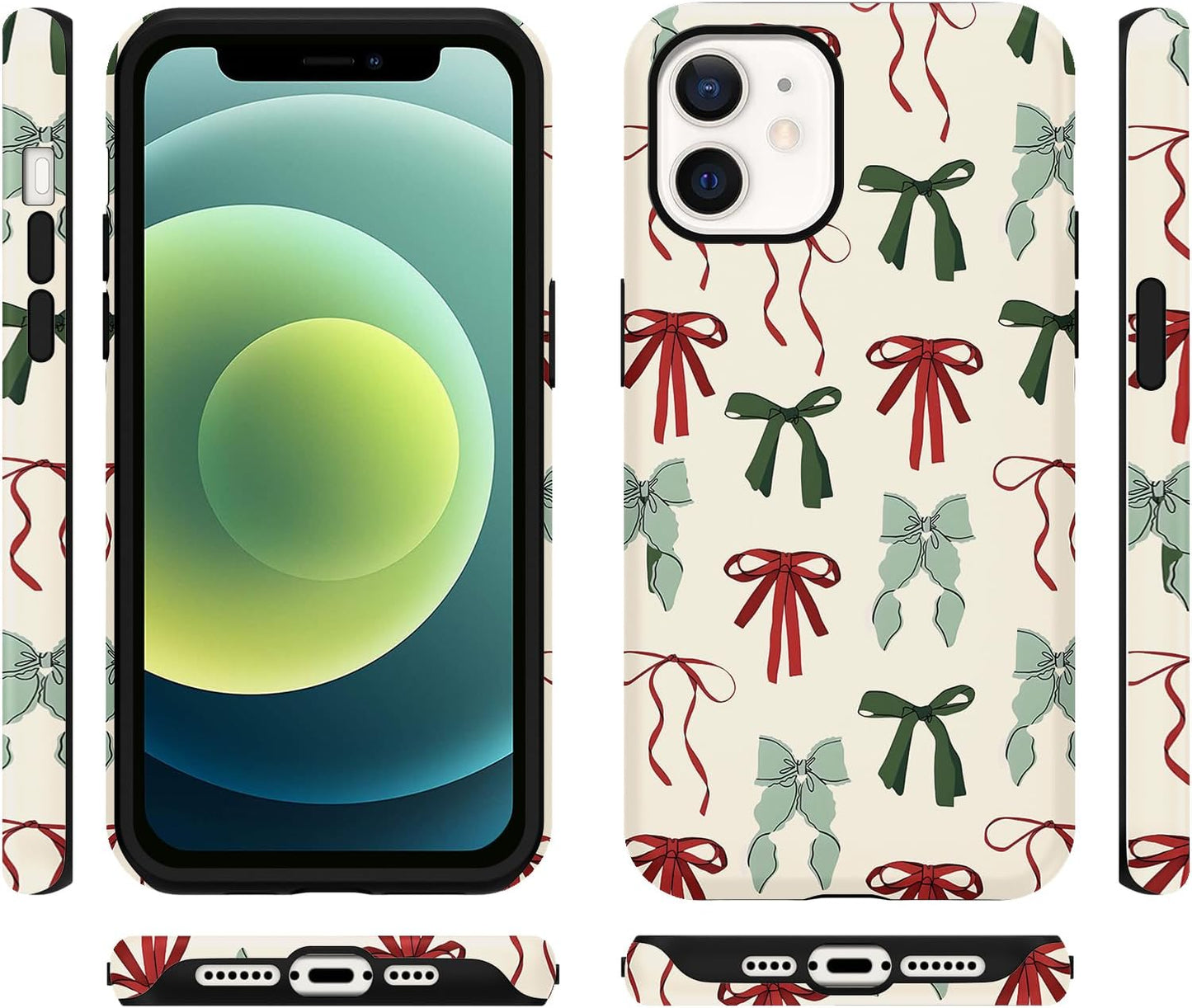 Cute Christmas Bow Phone Case for iPhone 12/12 Pro Case 6.1", Red Green Aesthetic Coquette Preppy Ribbon Bowknot Pattern Design Cover Shockproof Soft TPU Hard PC Protection Girls Women Funda