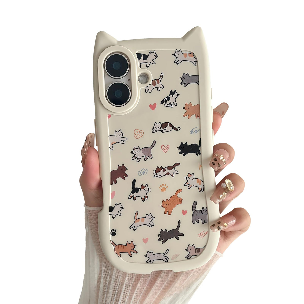 for iPhone 13 Phone Case, Cute 3D Cat Ears and Vintage Hand-Drawn Multi-Cats Heart Cartoon Pattern, with Cat Paw Buttons, Trendy Shockproof Soft Protective Phone Cover, Cat Ears