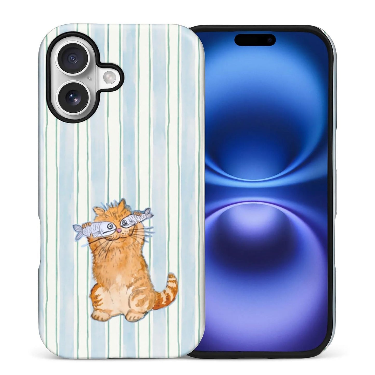 for iPhone 13/14 Case,Hybrid 2-Layer Hard Shell + Silicone Protective Case -Resistant Shockproof- A Naughty Cat with Blue Stripes Eating Fish