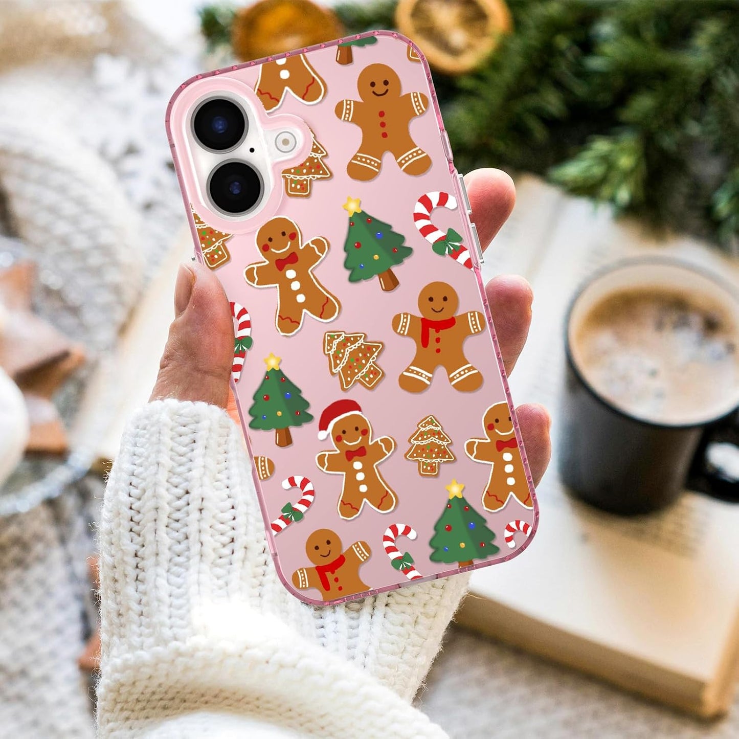 for iPhone 16 Plus Christmas Case Cute - Gingerbread Man/Pink | Gingerbread Man Tree Girly Women Girls Kids Snowflakes Candy Winter Holiday Festival Gifts Trendy Glossy Protective Cover