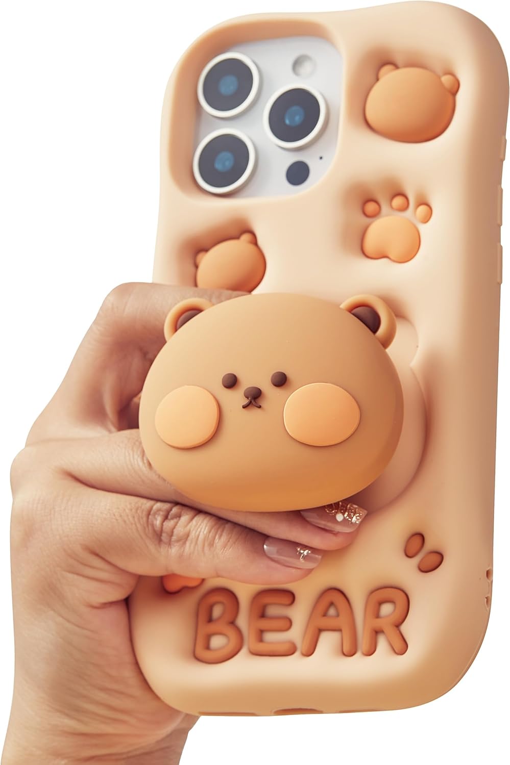 Kawaii 3D Teddy Bear Phone Case for iPhone 12 mini / 13 mini (with Stand and Grip) Cute Girly Cartoon Animal Phone Cover for Girls, Boys, Kids, Teens, and Women, Tan | Makes Mirror Selfies Sweeter, Cute Girly 3D Animal Style with Stand, Soft Silicone Drop