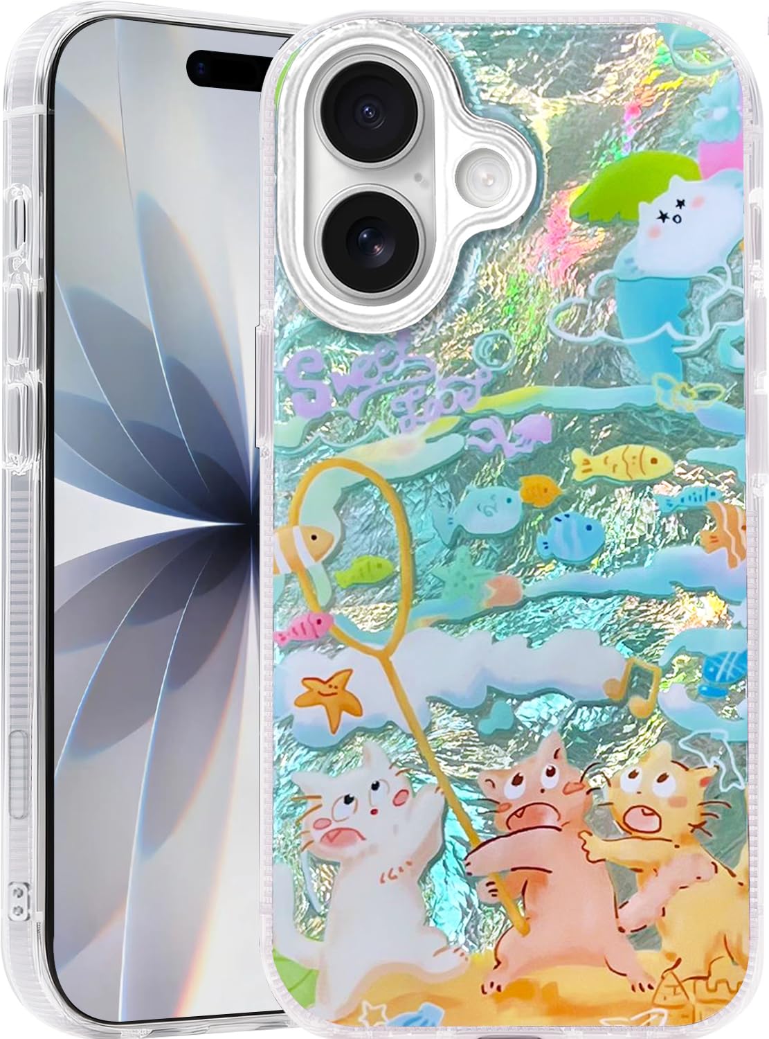Compatible with iPhone 17 Case,with [Soft Slim][Camera Protection] Cute Fishing Cats Shiny Aesthetic Phone Cover Anti-Yellowing Shockproof Protective Cover for Women Girl
