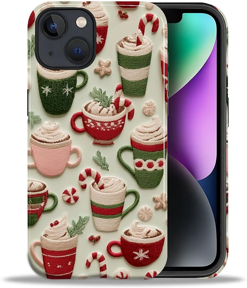 DAIZAG Case for iPhone 13 iPhone 14, Christmas Coffee Snowflake Cane Full-Body Design Hybrid Dual Protection Soft TPU + Hard PC, Shockproof Scratch-Resistant Protective Cover Phone Case for Men Women