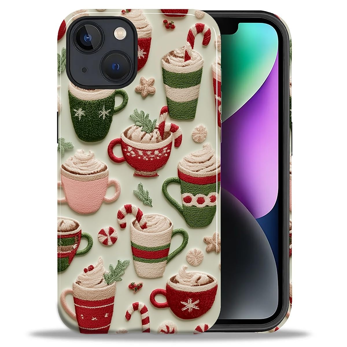 DAIZAG Case for iPhone 13 iPhone 14, Christmas Coffee Snowflake Cane Full-Body Design Hybrid Dual Protection Soft TPU + Hard PC, Shockproof Scratch-Resistant Protective Cover Phone Case for Men Women