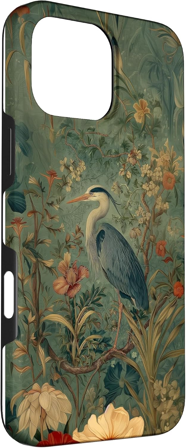 Blue Heron Wildflower Plant Pattern Sage Green Case for iPhone 16 Pro Max