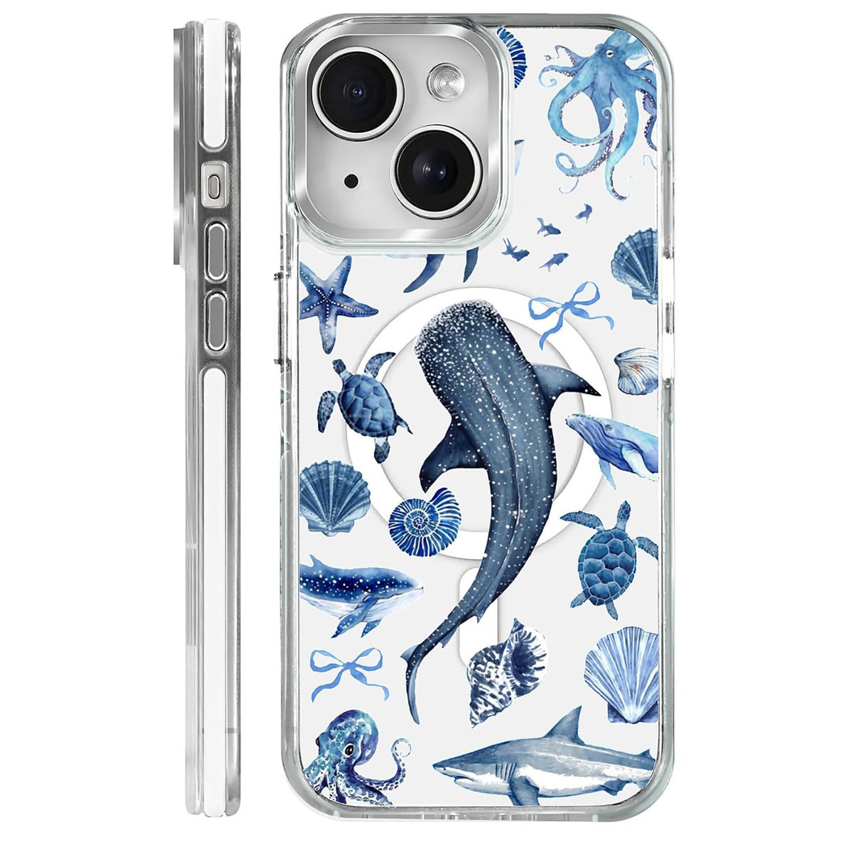 for iPhone 15 Case,Compatible with MagSafe,The Transparent TPU Silicone Protects The Phone Case from Drops, Slips and Fingerprints.Blue Ocean Whale Shark Octopus Turtle Collage