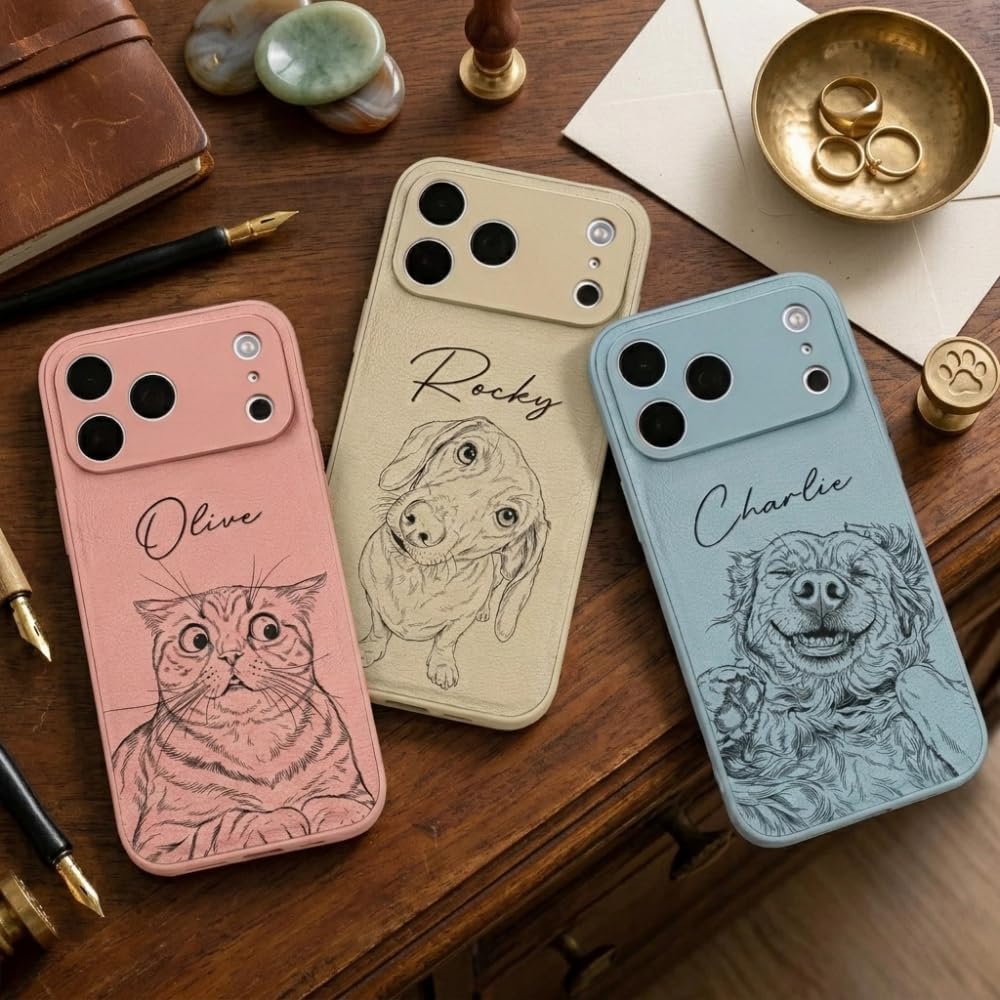 Custom Pet Portrait - Personalized Leather Phone Case, Custom PU Leather Photo Case with Name, Unique Gift for Dog Cat Lovers, Personalized Animal Portrait Phone Cover