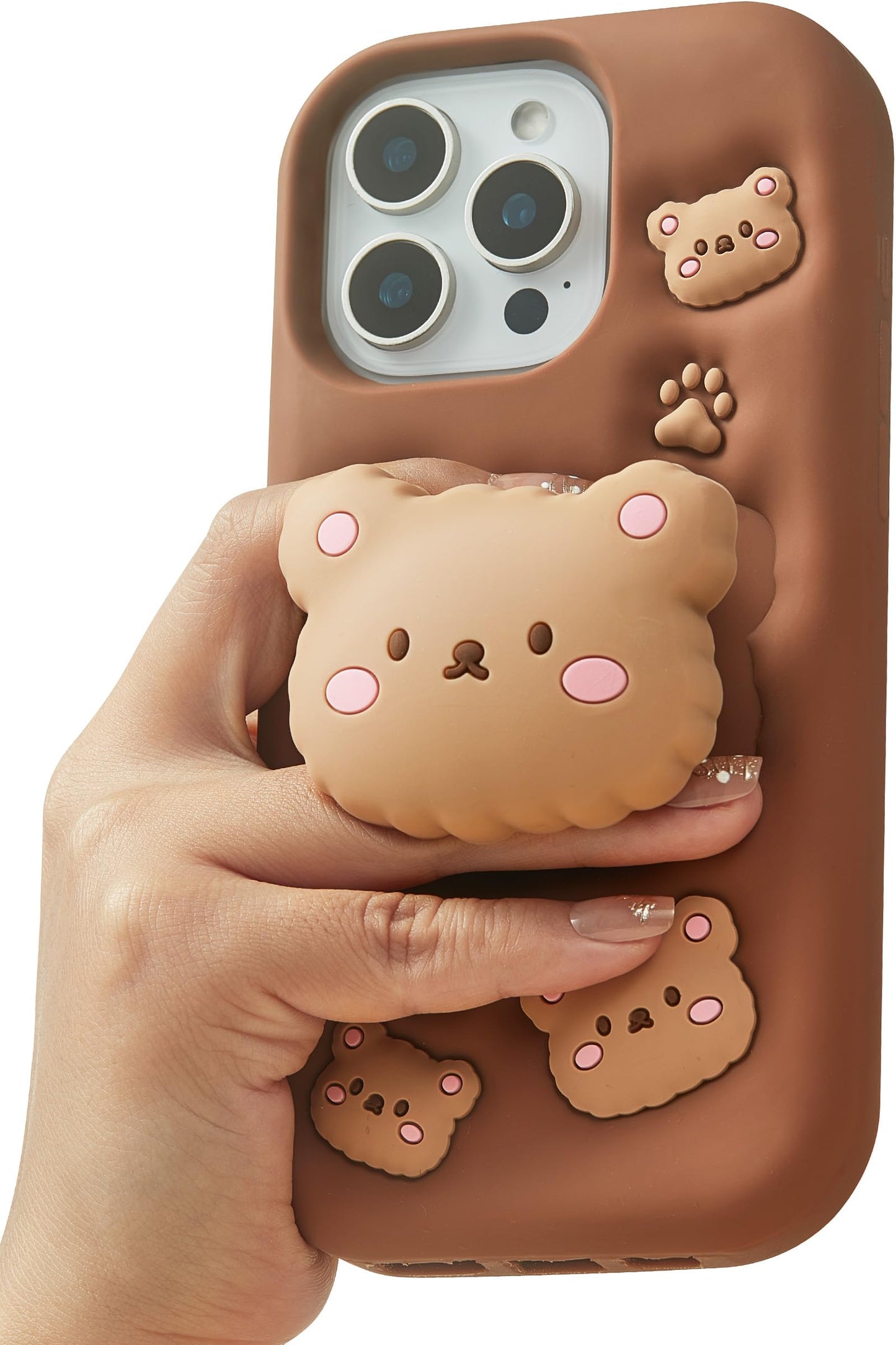 for iPhone 17 Case, Kawaii Teddy Bear Pop-Up Grip for Girls | Makes Mirror Selfies Sweeter, Cute Girly 3D Animal Style with Stand, Soft Silicone Drop Protection