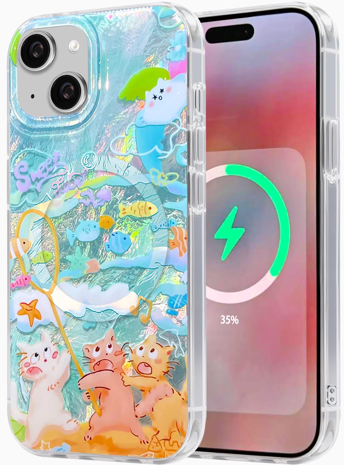 Compatible with iPhone 17 Case,with [Soft Slim][Camera Protection] Cute Fishing Cats Shiny Aesthetic Phone Cover Anti-Yellowing Shockproof Protective Cover for Women Girl