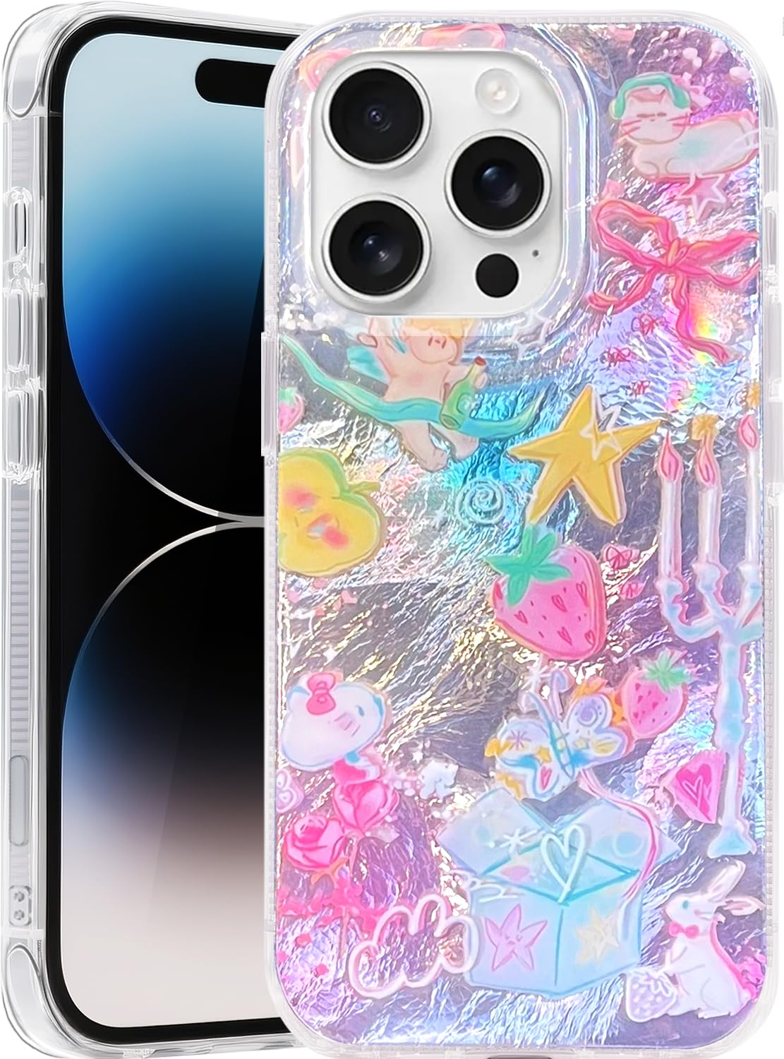 Compatible with iPhone 17 Pro Case,with [Soft Slim][Camera Protection] Cute Fishing Cats Shiny Aesthetic Phone Cover Anti-Yellowing Shockproof Protective Cover for Women Girl