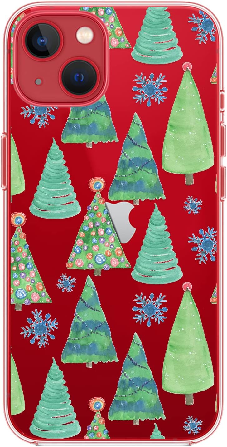 Blingy's for iPhone 13 Case (6.1 inch), Cute Winter Christmas Pattern with Snowflake Design Transparent Soft TPU Protective Clear Case (Christmas Trees)