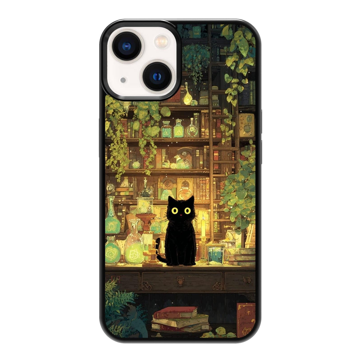 Black Cat Indoor Jungle Potted Plants Bookshelf Dark Green Botanical Urban Forest Phone Case, Shockproof Protective Cover for iPhone 11 12 13 14 15 16 17 Pro Max Plus Mini XR 7 8 SE