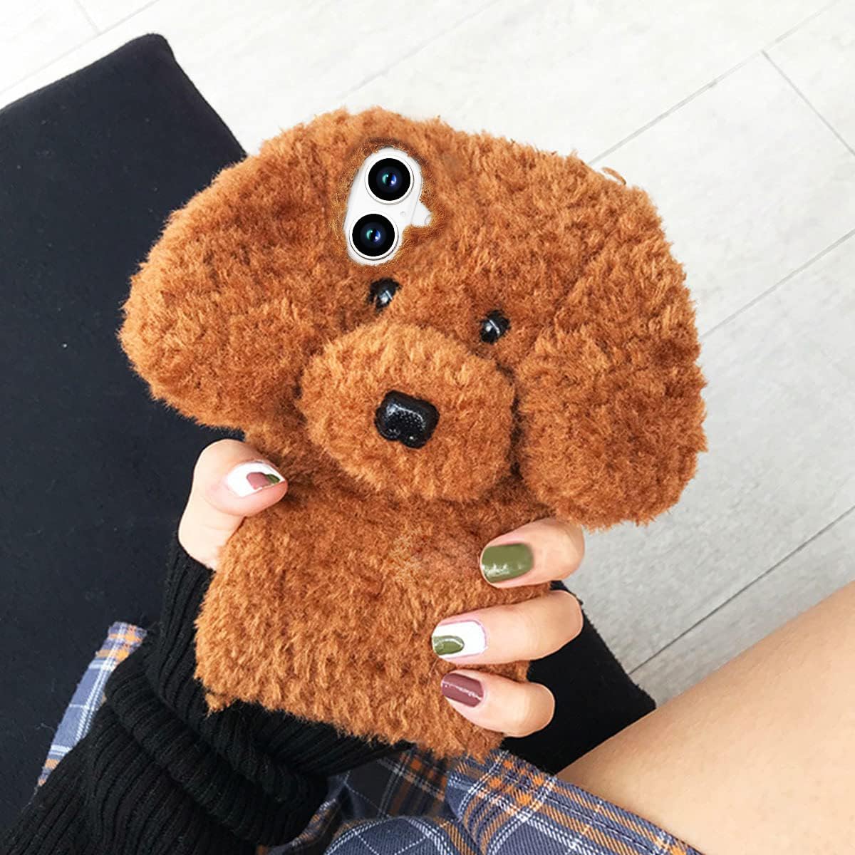 Losin Compatible with iPhone 16 Case Cute Plush Furry Dog Phone Case for Women Girls Girly 3D Cartoon Kawaii Case Soft TPU Shockproof Protective Cover for iPhone 16, Brown