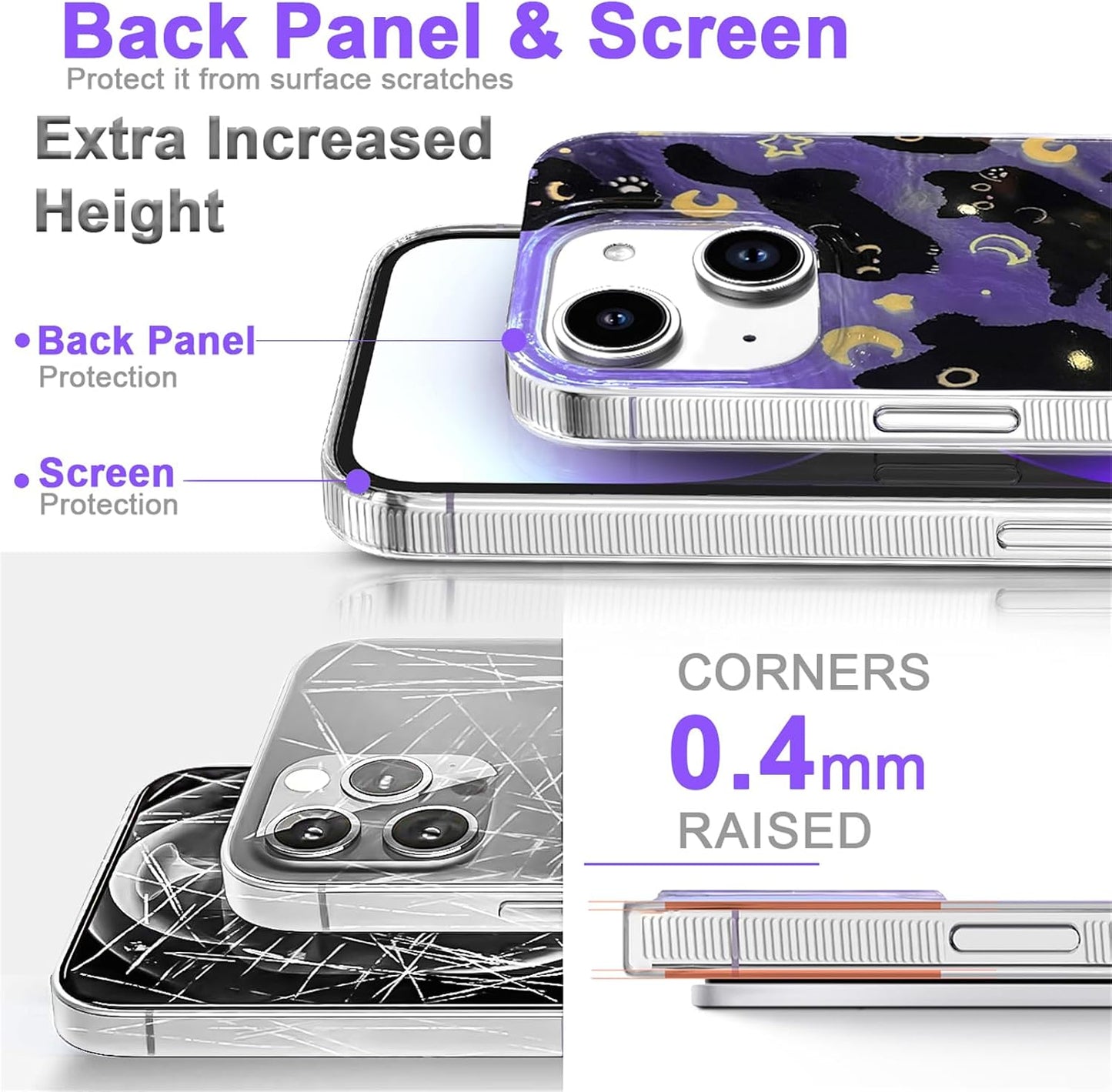 for iPhone 13 Case & iPhone 14 Case Shiny black cat-Purple Design,Cute trendy Soft Slim TPU Shockproof Protective Bumper adorable Phone Cases Cover for Women Girls Aesthetic,iphone 14/13 6.1"
