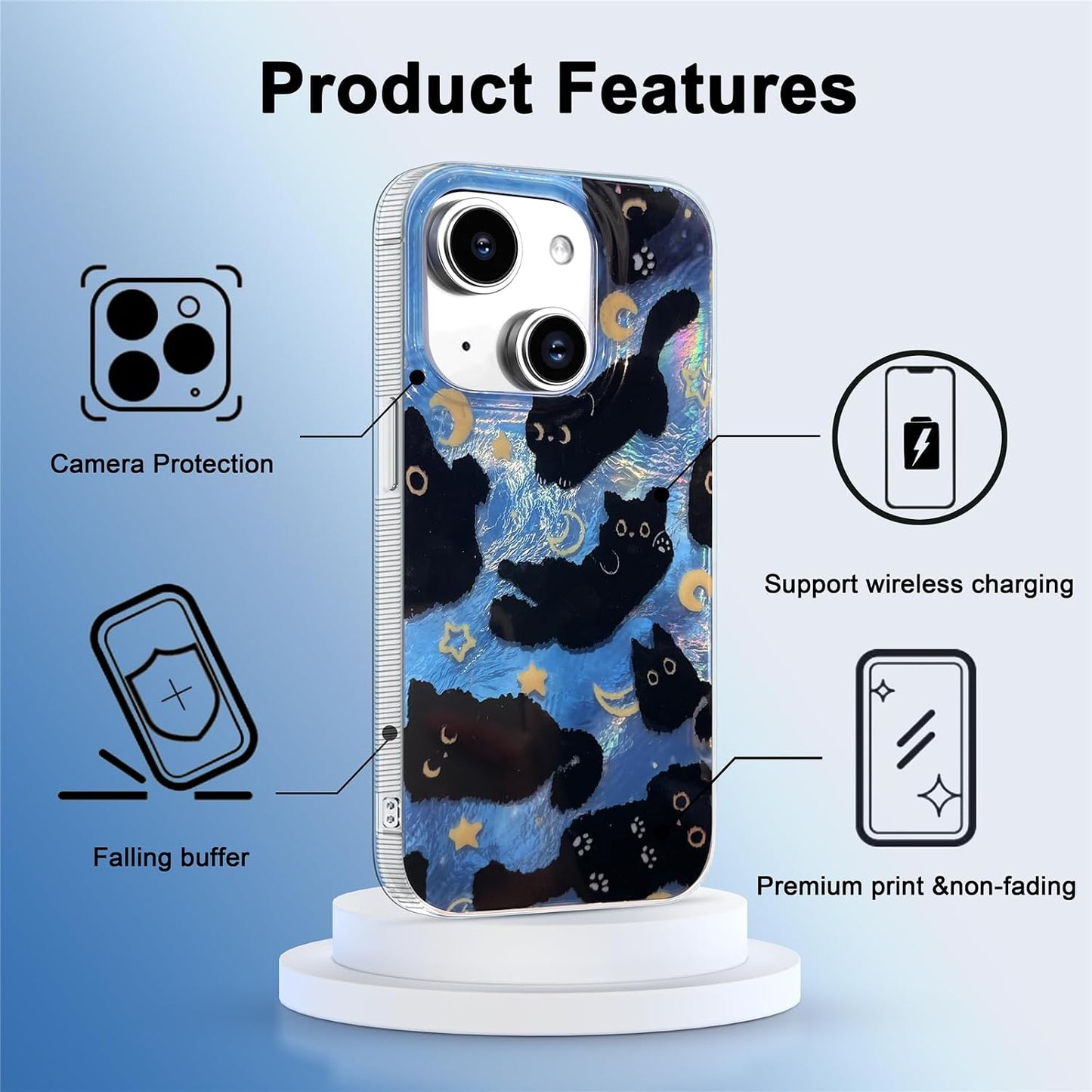 Compact Case for iPhone 15 Black cat Design,Cute Trendy Soft Slim TPU Shockproof Protective Bumper Phone Cases Cover for Women Girls Aesthetic Glitter Shiny Adorable