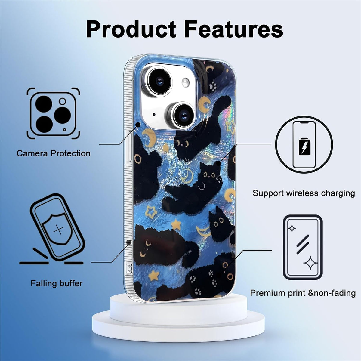 iPhone 13/14 Case, Black Cat Design, Slim Silicone Bumper Case, Wireless Charging Compatible